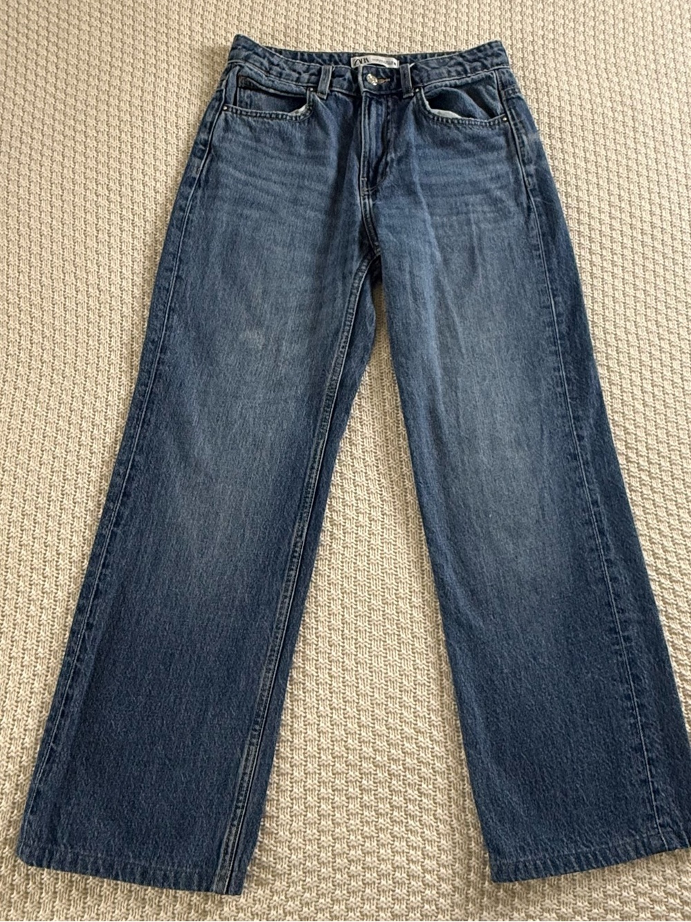 Zara Woman’s Straight-Leg High Waisted Jeans in Medium Blue Wash
